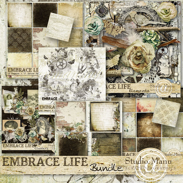 digital scrapbooking vintage collection Clusters, stacked papers, page kit, stamps, brushes