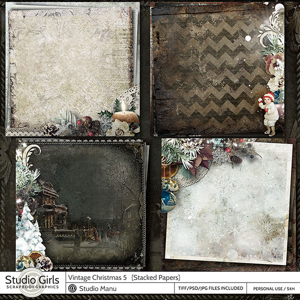 Vintage Christmas Digital Scrapbooking Stacked Papers