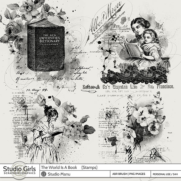 Book Reading Scrapbook Stamps and Brushes